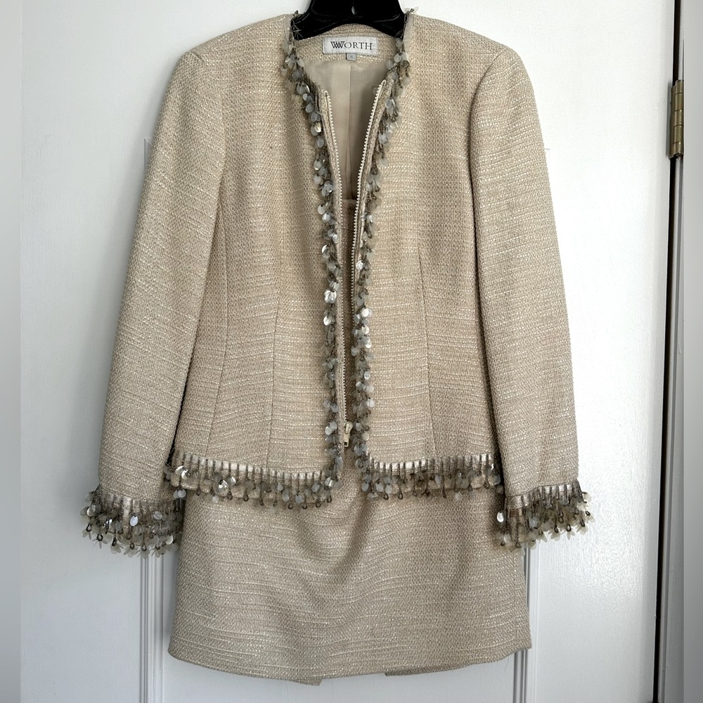 Worth Tweed Skirt Suit Set Beaded Trim Size 4 & 6